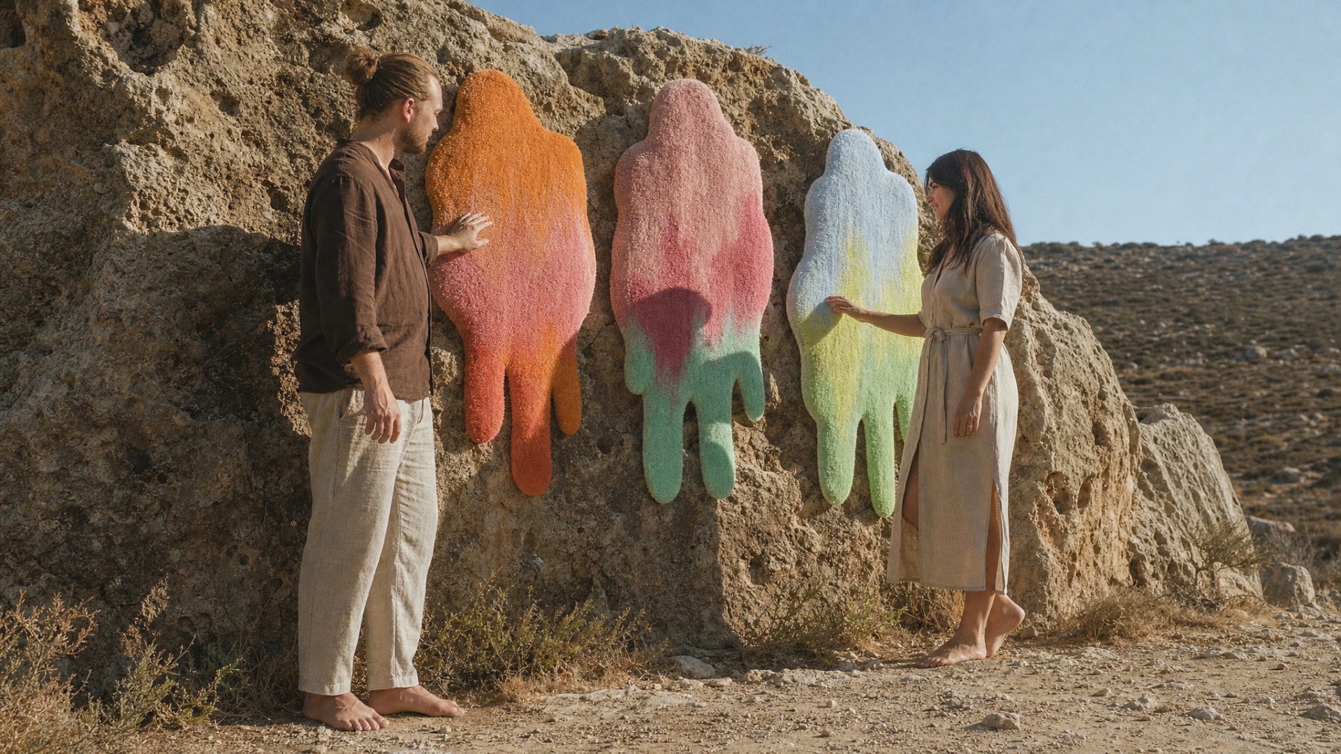 Jan Fechner and Alizay outside with three Liquid Mountains drips against a Paphos rock face