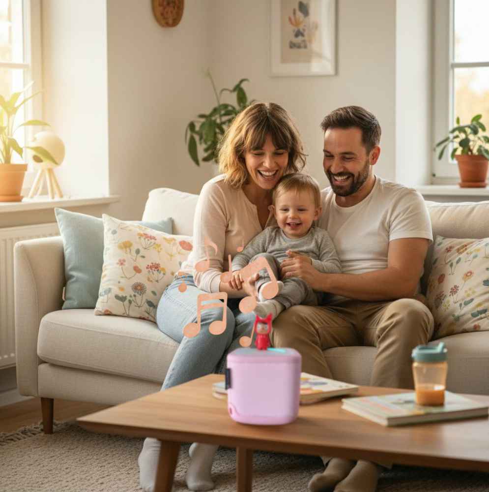 Familie hört gemeinsam personalisierte Kinderlieder